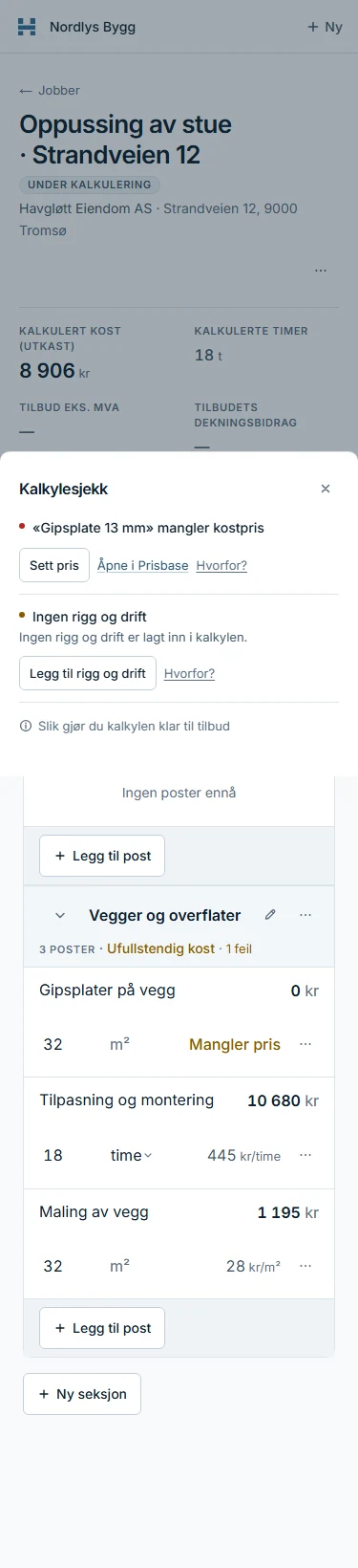 Kalkylesjekk: gipsplate 13 mm mangler kostpris, og linjen står som Mangler pris