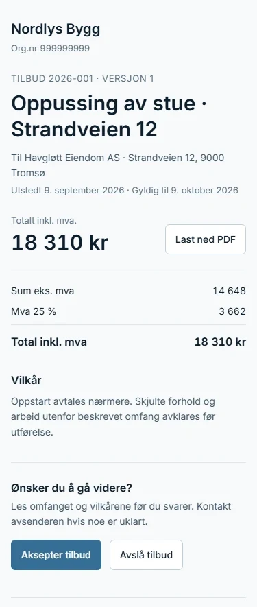 Kort mobilvisning av tilbudet med kundens svar